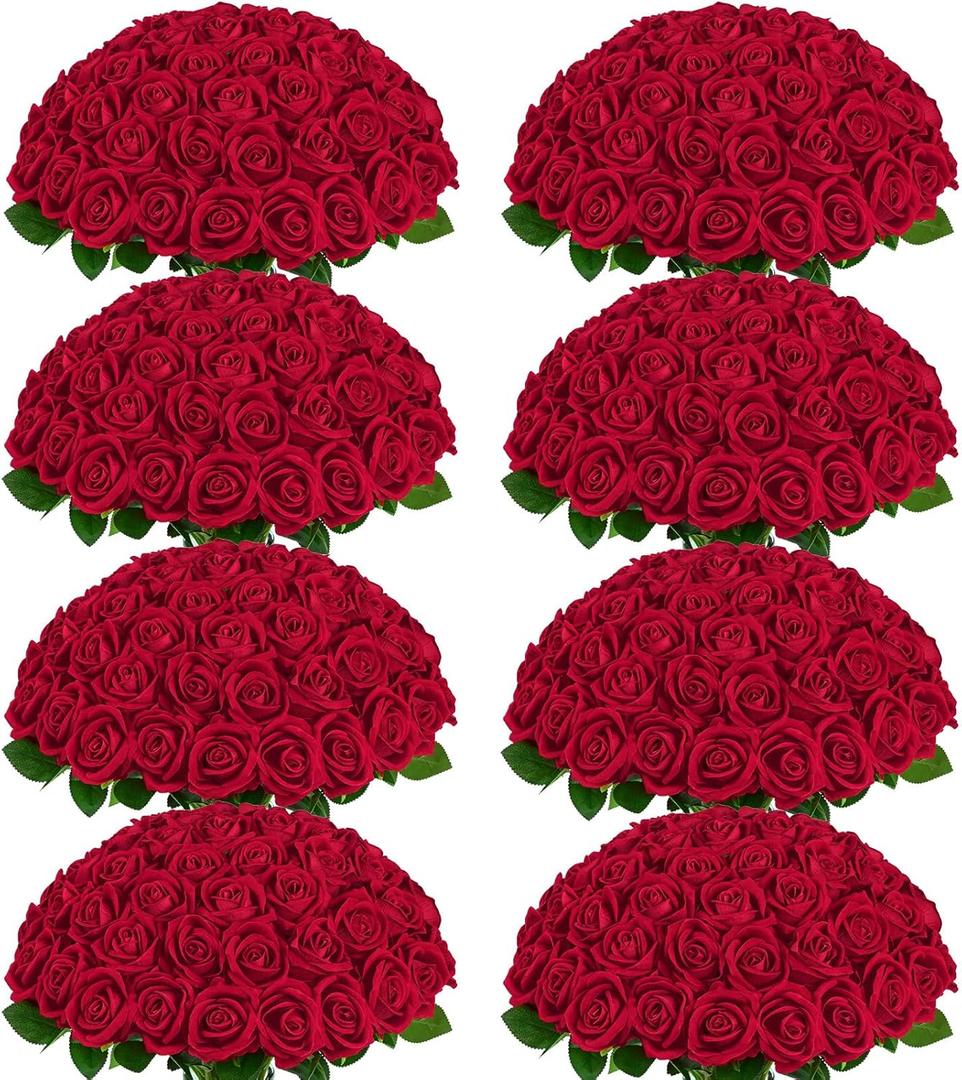 200 Pcs Red Roses Artificial Flowers, Real Touch Velvet Roses Bouquet Fake Flowers Bulk, Artificial Roses with Long Stems for Birthday Gift Women Mom DIY Bridal Wedding Centerpiece Decorations