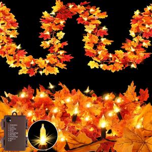 2Pack Fall Garland with Lights Battery Operated,Tatal 20Ft 100 LED Fall Decorations for Home with Orange Bulbs,Fall Lighted Garland for Table Porch Thanksgiving Harvest Halloween Indoor Outdoor Dcor