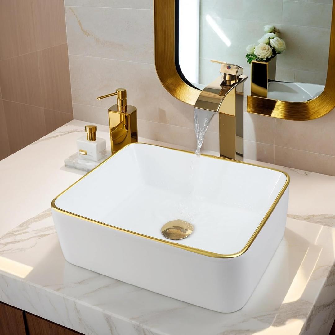 Ceramic White Vessel Sink with Faucet and Drain Combo Rectangle Vessel Sink Modern Above Counter Bathroom Sink Bowl White Body with Gold Trim