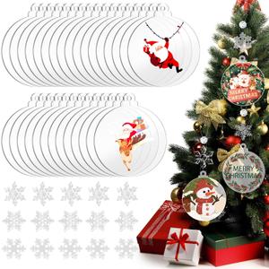 30 Set Christmas Acrylic Ornament Blanks - 3 Inch Round Acrylic Blanks with Crystal Snowflakes Xmas Ornaments for Christmas Tree Decoration
