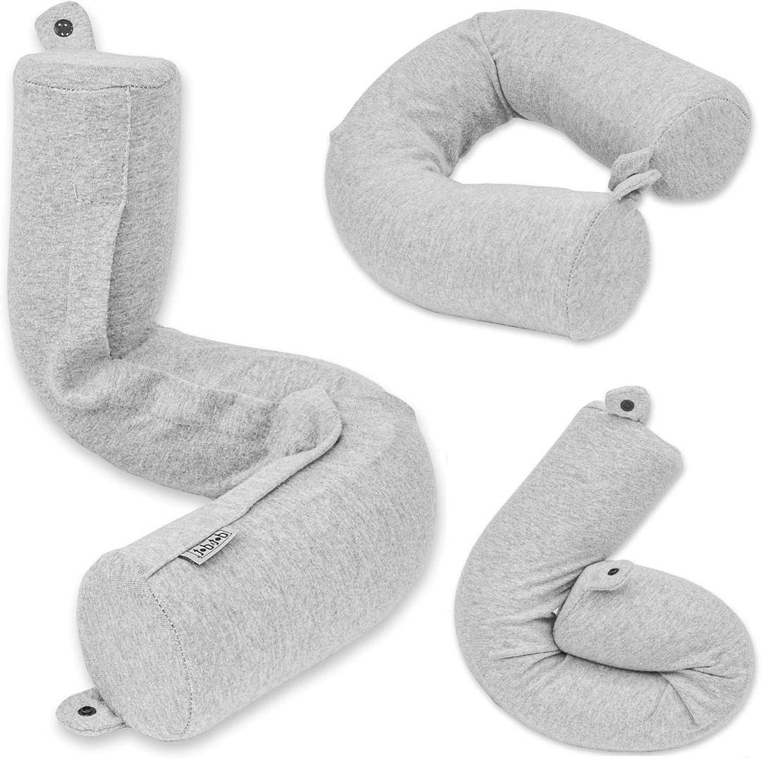Dot&Dot Twist Memory Foam Travel Pillow for Airplanes - Travel Neck Pillow for Sleeping - Airplane Pillow for Neck Support, Chin, Lumbar and Leg - Adjustable, Bendable Neck Roll Pillow (Standard (26"), Gray)