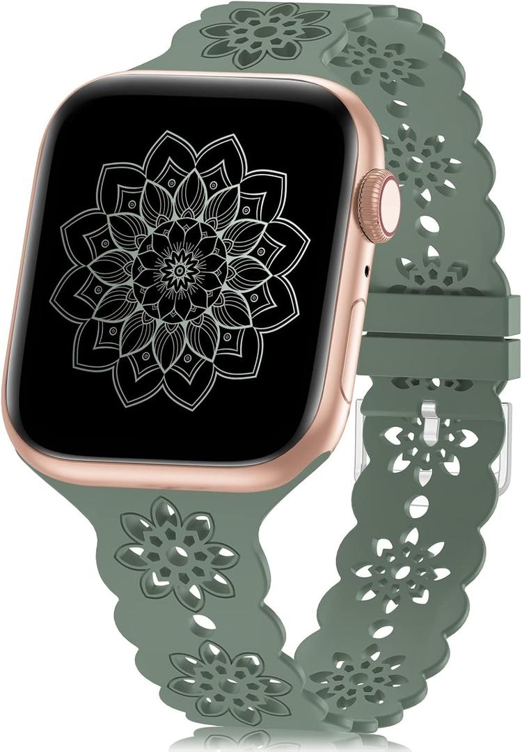 Floral Silicone Band Compatible with Apple Watch Bands 38mm 40mm 42mm 44mm 41mm 45mm 49mm Women Men, Design Wristbands Soft Breathable Watch Bands for iWatch Ultra/2/3 SE/3 Series 11/10/9/8/7/6/5/4/3/2/1
