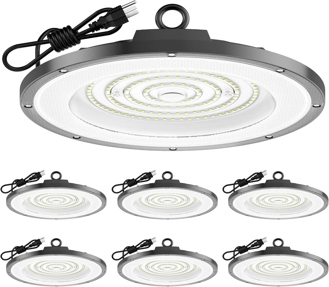 AIKVSXER 200W UFO High Bay Light 6 Pack, 6000K LED Shop Lights Plug & Play | 30000LM Commercial Bay Lighting IP65 Waterproof Garage Light, CRI>85 No Flicker, 120 Beam Angle, 5ft Cable 60000hrs Lifespan