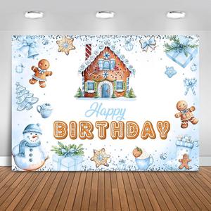 Christmas Gingerbread Birthday Backdrop for Boys Gingerbread Theme Happy Birthday Party Decorations Photography Background Candy House Banner Photo Booth Props (Blue, 7x5ft)