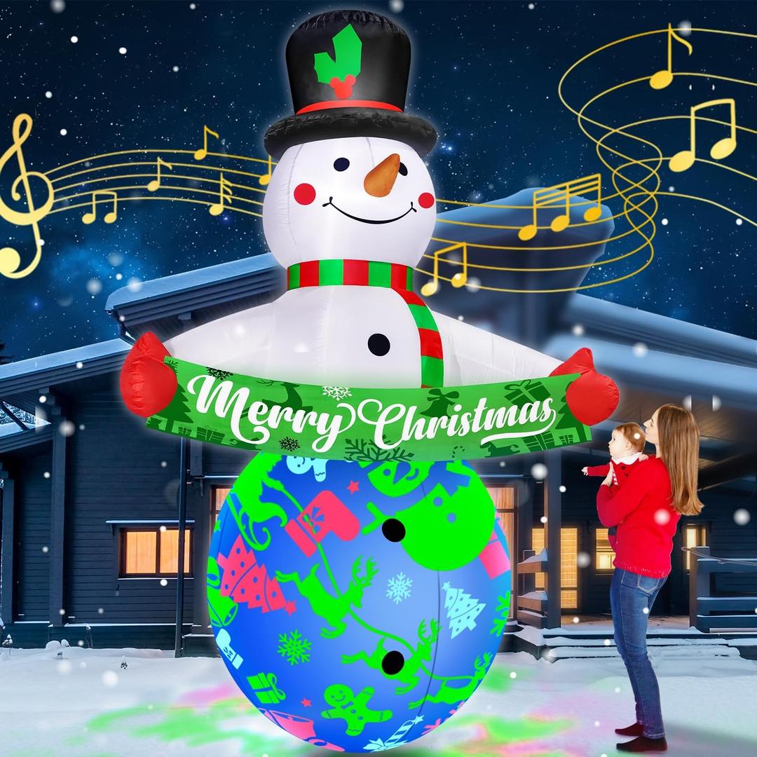 12FT Giant Christmas Inflatables Snowman Decorations Built-in Music & 360° Rotation 3-Color Projector LED Light Huge Christmas Blow Up Yard Decorations Outdoor Xmas Garden New Year