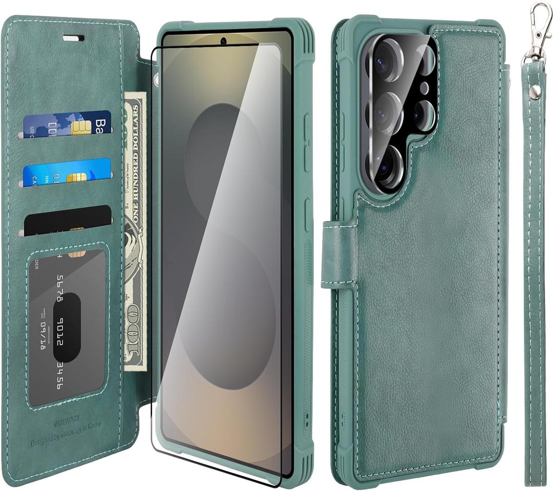 VANAVAGY Wallet Case for Galaxy S25 Ultra with RFID Blocking Card Holder, Folio Flip Leather Magnetic Phone Cover with Wrist Strap for Wireless Charging Case for S25ultra 6.9inch, Forest Green