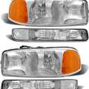 compatible with 1999-2006 Sierra Headlight Assembly for 99-06 GMC Sierra 1500 2500 3500/00-06 GMC Yukon Clear Lens Chrome Housing with Amber Reflector Headlamp Replacement Left and Right