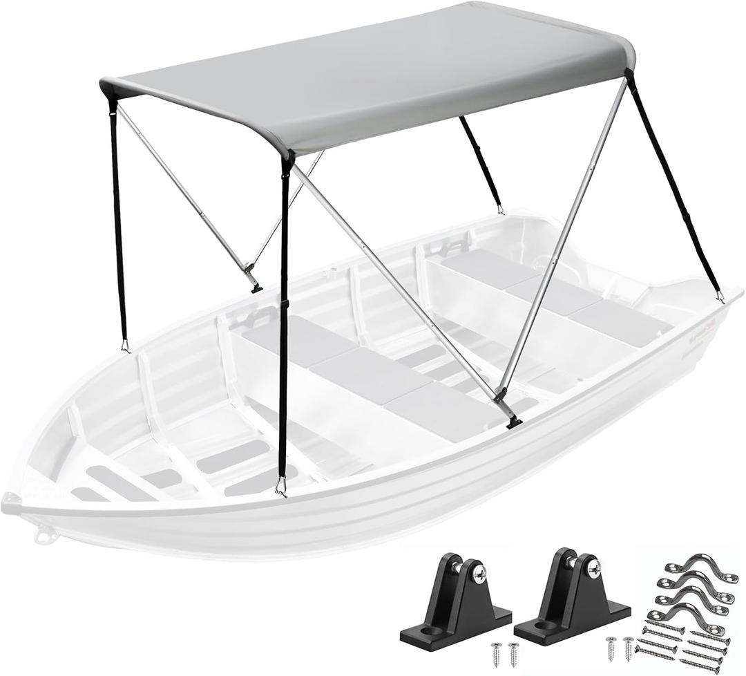 2026 Upgraded 2 Bow Bimini Top for Boat with Storage Boot & Mounting Hardware, 600D UV Protection Waterproof Cover, 1 Aluminum Frame Boat Canopy 63" L x 47"-55" W x 43" H for Jon Boat, Fishing Boat