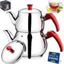 Hakan Teapot Set 93 Oz with Self Strainer Double Lids, Stainless Steel Midi Double Bondy Tea Pot Set 2.8 L, 2.9Quart, Turkish Samovar Style, Tea Kettle for Loose Leaf Tea with Red Bakelite Handle