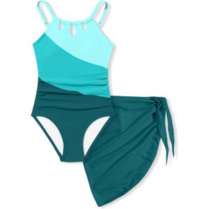KANGKANG Girls Swimsuit Quick Dry Cut Out One Piece Swimsuits with Tropical Print Cover Up Skirt Bathing Suit Swimwear 7-18Y (13-14 Years, Light Cyan+dark Green)
