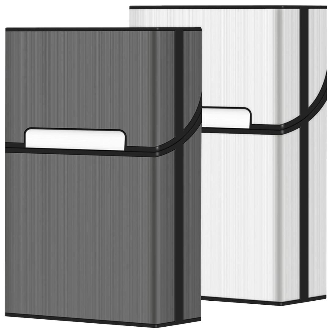 roygra Cigarette Case (2 Pack), Magnetic Switch 20pcs Cigarette Holder Case for Men Women, Cigarettes Smoking Accessories, Metal and Plastic Box for Smoke (Gray + Silver, 85mm King Size)