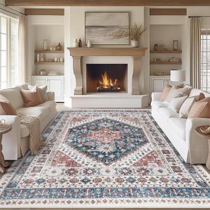 8x10 Area Rugs, Stain Resistant Washable Rug for Living Room, Vintage Inspired Rug (Orange/Navy, 8'x10')