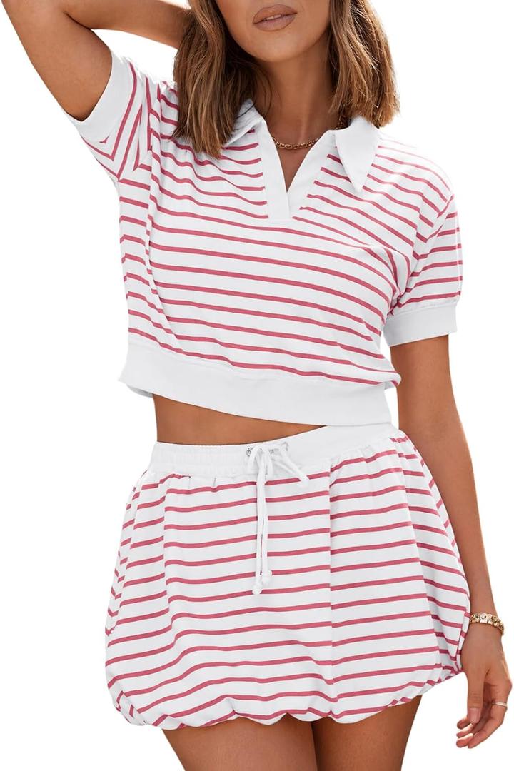 Fisoew Womens Striped 2 Piece Outfits Skort Set Short Sleeves Shirts Bubble Mini Skirt Sets Matching Sets (Small, Pink)