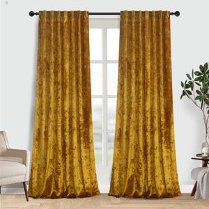 gisewood Lux Warm Gold Crushed Velvet Curtains 2 Panel Set - 108 inches Long Room Darkening Luxury Distressed Velvet Rod Pocket Window Drapes for Living Room Bedroom 52" W x 108" L