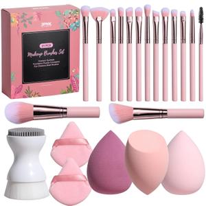 JPNK Makeup Brushes Set  21PCS Makeup Sponge Triangle Puff Premium Synthetic Foundation Powder Concealers Eye Shadows Blush Brushes with Face Clean Brush