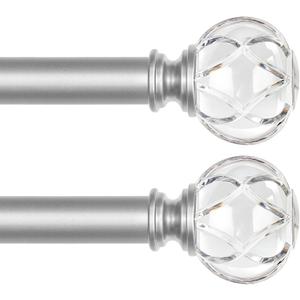 KAMANINA 2 Pack Silver Curtain Rods for Windows, Telescoping Splicing Single Curtain Rod 32 to 58 Inches (2.6-4.8 Feet), 1 inch Decorative Curtain Rods With Twisted Translucent Ends