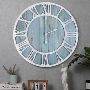 1st owned Wall Clocks for Living Room Decor,24" Vintage,Round Silent Non Ticking,Black Metal,Modern Wood Clocks for Home Bedroom,Kitchen,Garden,Office,Cafe,Modern Wall Decoration -Roman Numerals (Blue)