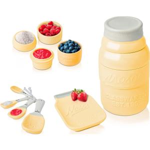 Vintage Mason Jar Kitchenware Set by Comfify - Multi-Piece Kitchen Ceramic Decor Set w/ 4 Measuring Cups, 4 Measuring Spoons and Spoon Rest - Attractive Vintage Style, in Yellow Embossed Ceramic