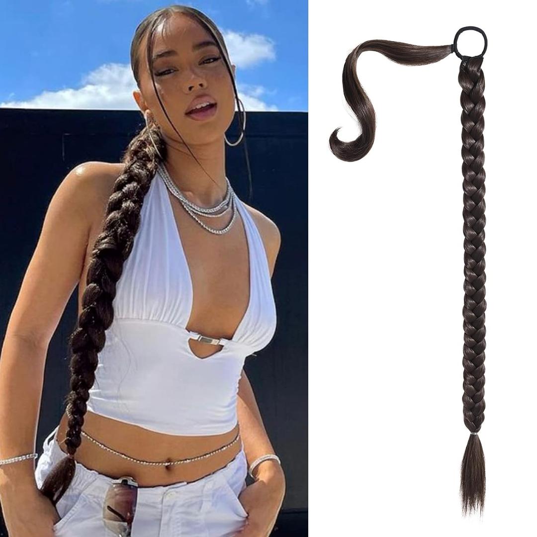 SEIKEA Upgraded Long Braid Ponytail Extension with Elastic Tie Straight Sleek Wrap Around Braid Hair Extensions Ponytail Natural Soft Synthetic Hairpiece Black Brown 34 Inch(After Braided 30 Inch)