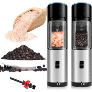 Gravity Electric Pepper and Salt Grinder Set of 2 Pack, One Hand Automatic Shakers Mill, Adjustable Coarseness, Battery Powered with LED Light, Brushed Stainless Steel Perfect for Kitchen