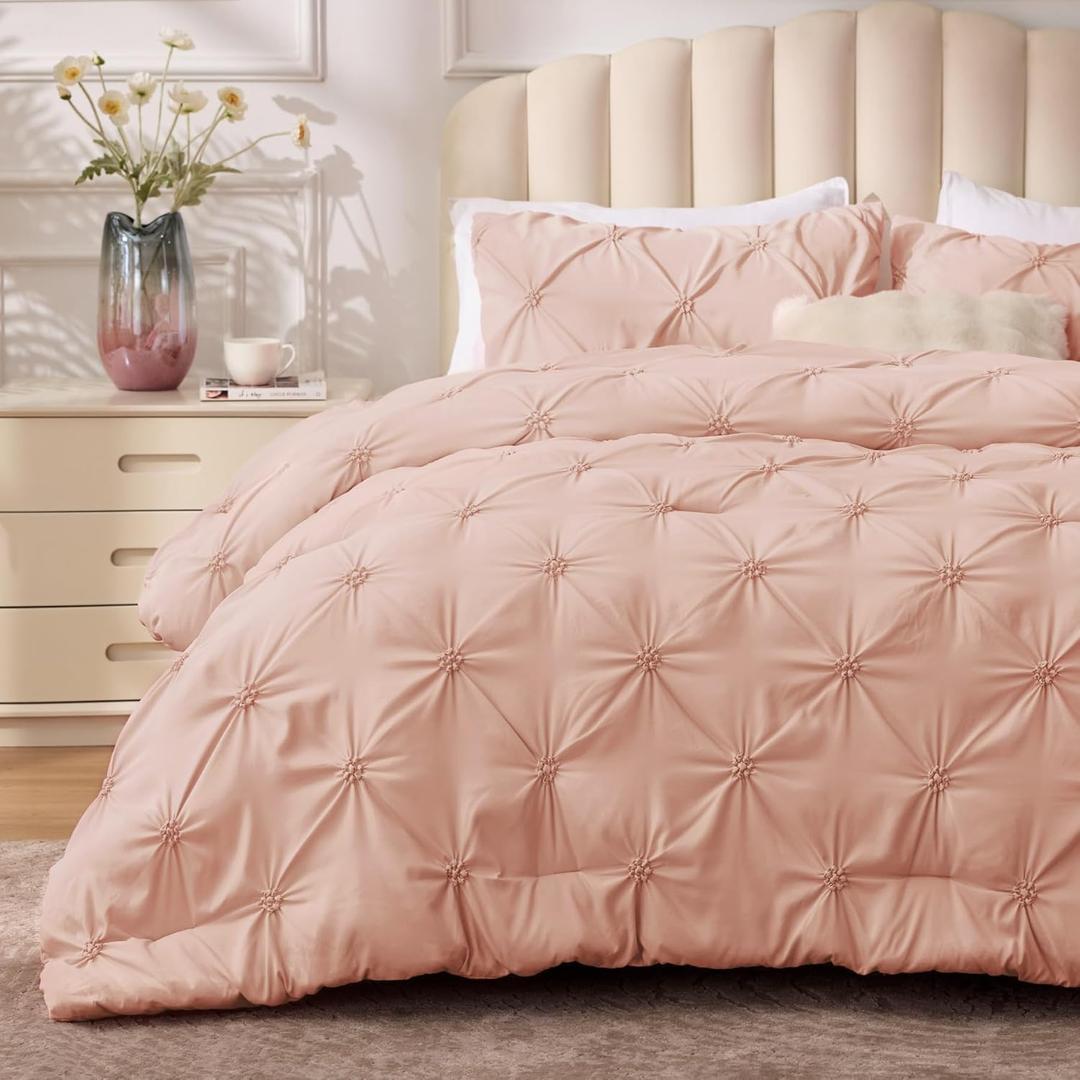 BEDELITE Dusty Pink Queen Comforter Set - 3 Pieces Boho Pintuck Bedding Comforter Sets, Lightweight Soft & Warm Bed Comforter Queen with 2 Pillowcases for All Season (Queen(88"x88"))