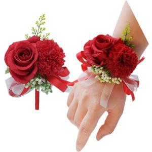 2 Pack Flower Wrist Corsage Boutonniere Set,3" Artificial Rose and Carnation Handmade Silk Flower for Wedding Flowers Accessories Prom Suit Decor (Red)