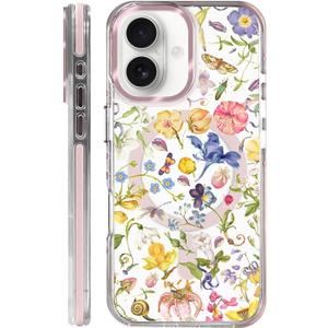 Clear Case for iPhone 16, [Magnetic Charging Compatible][Military-Grade Protection][Anti-Yellowing] Shockproof Slim Magnetic Phone Case for iPhone 16, Retro Flowers