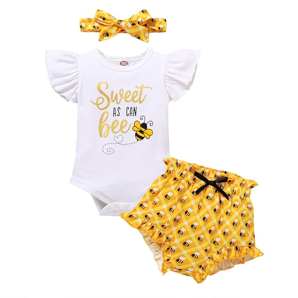 YOUNGER TREE Infant Baby Girl 1st Birthday Outfits Bumble Bee Printed One Romper Shorts Headband Summer Ruffle Sleeve Clothes 12-18 Months