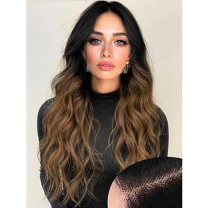 AISI HAIR Brown Wig for Women, Long Wavy Black To Brown Lace Hairline Middle Part Synthetic Heat Resistant Wig for Daily Party-26 Inch