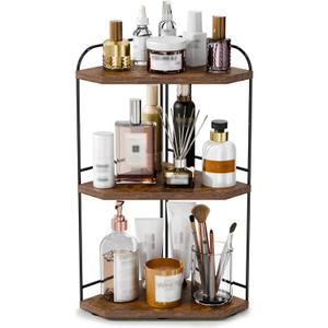 Corner Bathroom Counter Organizer, 3-Tier Wood Countertop Organizer for Perfume, Makeup Storage, Skincare Organizers for Vanity, Counter Corner Shelf for Kitchen, Bathroom, Dresser (Rustic Brown)