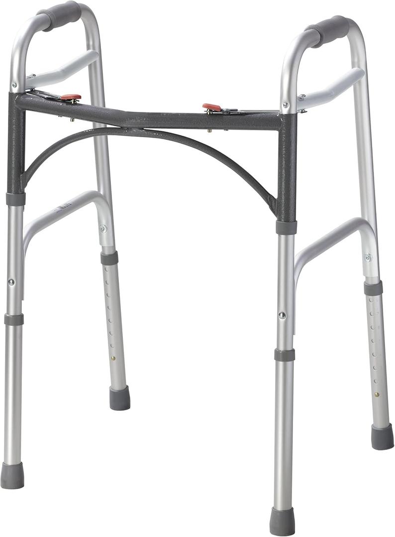 Drive Medical 2-Button Standard Foldable Walker for Seniors & Adults - Adjustable Legs - Lightweight Aluminum Construction - 350 Lb Weight Capacity - Basic Walking Aid - Silver