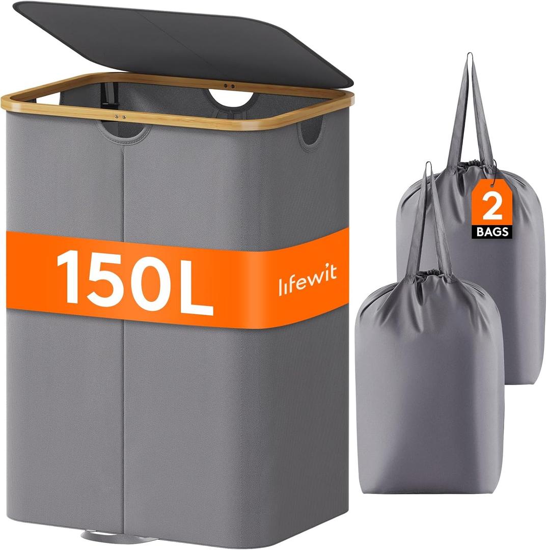 Lifewit 150L Double Laundry Hamper With Lid, Large Basket With Bamboo Handles and Removable Bags, Foldable Clothes Hamper for Bedroom, Bathroom, Dorm, Laundry Room, Grey
