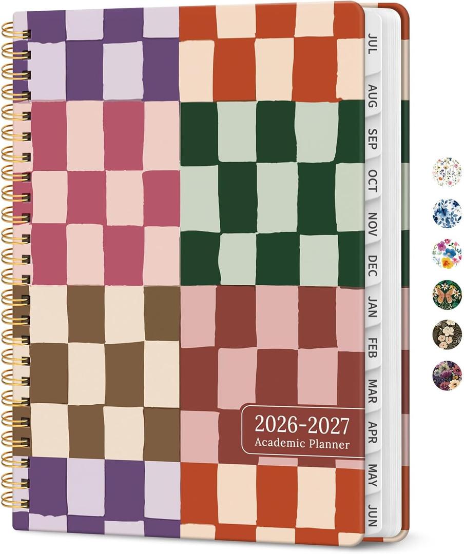Planner 2026-2027, Academic Year Monthly and Weekly Calendar Planner, Jul 2026 - Jun 2027, Hardcover Teacher Student Planning Agenda book with Tabs, Perfect for School Office Supplies, 6.3" x 8.5" - Checkered