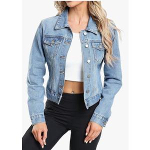 Locachy Womens 3/4 Sleeve Short Denim Jacket Lapel Button Down Cropped Trucker Jean Jackets Coats , size small