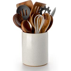 Nucookery Utensil Holder, 6.4" Ceramic Kitchen Utensil Holder for Countertop with Protection Cork Bottom, Vintage Farmhouse Kitchen Decor for Counter, Gift (Sand)