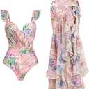 IDOPIP Women's One Piece Swimsuit with Beach Cover up Wrap Skirt Sarong Retro Floral Print Bikini Set Two Piece Bathing Suit (Pink - Ruffle Shoulders) L