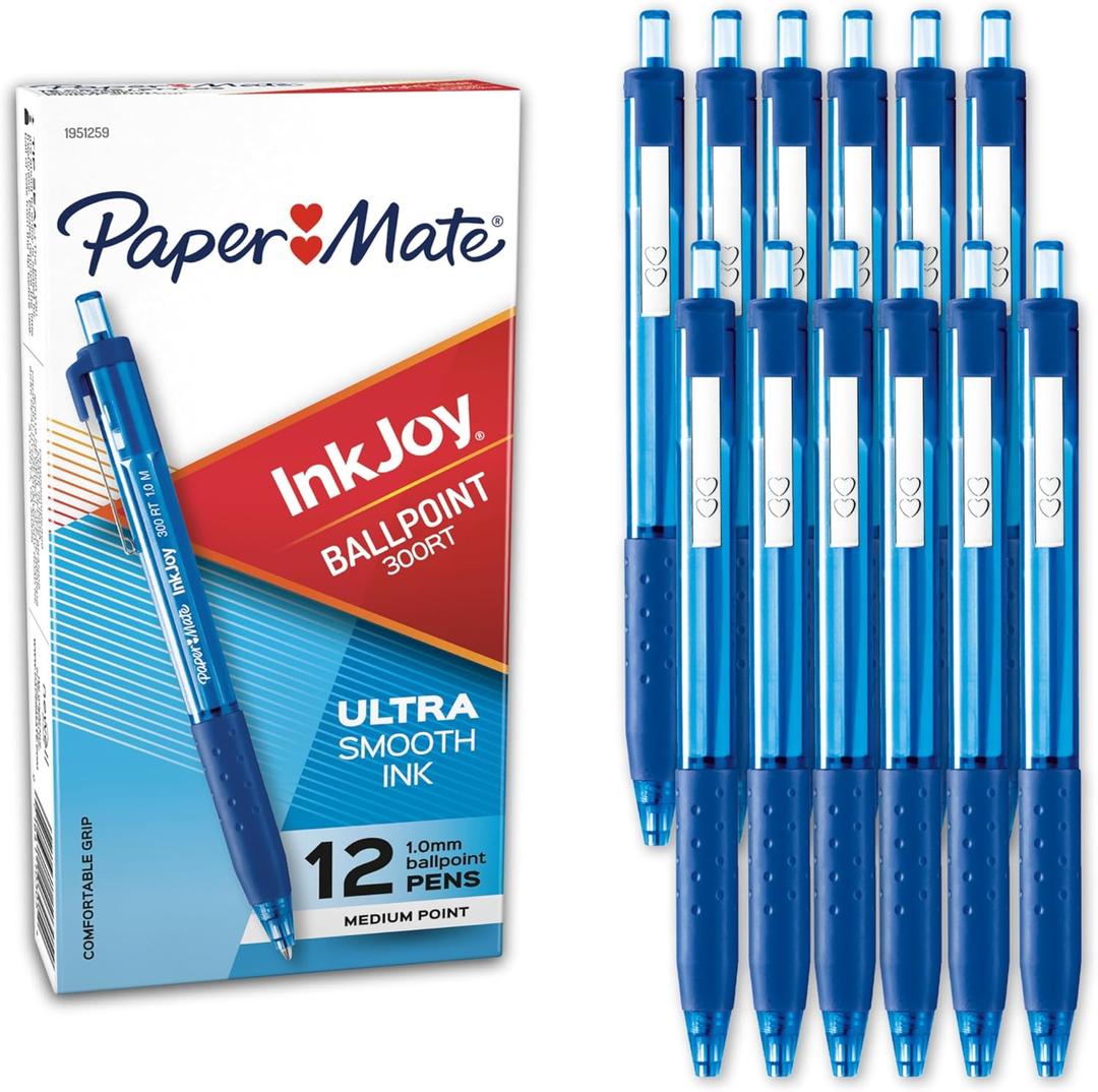 Paper Mate InkJoy 300RT Retractable Ballpoint Pens, Medium Point, Blue, Box of 12