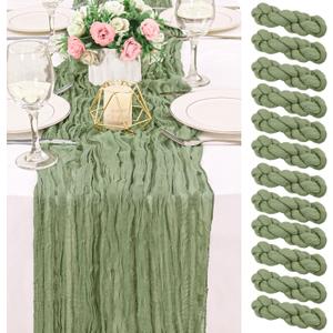 12 Pack 120 Inch Sage Green Cheesecloth Table Runner Boho Rustic Gauze Sheer Romantic 10 FT Long Cheese Cloth Table Runner for Bridal Baby Shower Wedding Party Birthday Holiday Home Easter Decor, 20"x120"