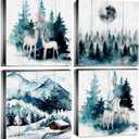 Abstract Christmas Forest Wall Art Snowy Mountain Wall Decor Rustic Deer Barn Painting for Bedroom Winter Moon Foggy Pine Trees Elk Picture Farmhouse Artwork Bathroom Home Decoration 12x12" 4Pcs