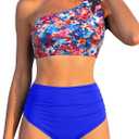Women High Waisted Bikini - One Shoulder Bathing Suit Tummy Control Two Piece Swimsuit 2025 (Large, Colorful Floral)