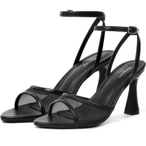 Susanny High Heels for Women Pointed Open Toe Strappy Chunky Block Heels Ankle Strap Stiletto Kitten Heeled Sandals Wedding Bridal Party Prom Sexy Dress Shoes (8.5, Black Mesh)