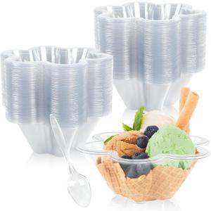 Rainmae 8oz Disposable Clear Plastic Dessert Cups with Spoons, PET Dessert Cups Flower Shaped Ice Cream Bowl, Party Sundae Serving Bowls for Ice Cream, Pudding, Snacks, Yogurt, Parfait Fruits(100 Pcs)