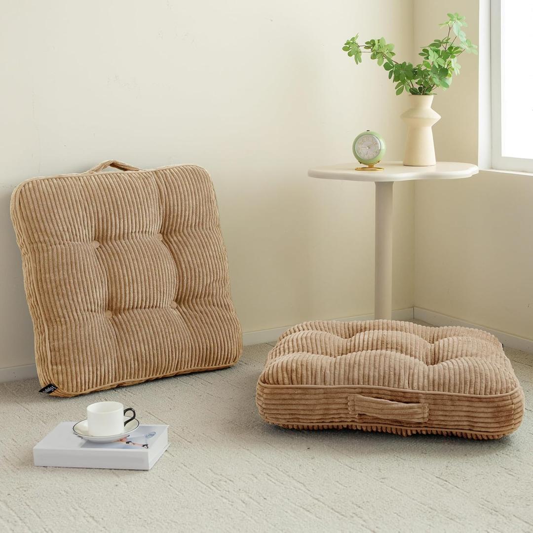 Washable Floor Pillow Cushion for Adults, Meditation Cushion Pillow, Large Square Floor Sitting, Removable Tufted Corduroy Cover, for Tatami Living Room or Yoga, 22x22 Inch, 2Pack, Machine Washable