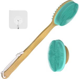 READAEER Silicone Back Scrubber with Long Handle Bamboo, 15.7in Lengthen Long Handle Body Brush for Shower, Double Sided Silicone Head for Back Cleaning and Massage, with a Hook