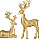 2PCS Carved elk Statue Resin Ornaments, Christmas Reindeer Fortune Seeking Decoration Modern Retro Art Standing and Sitting Posture, Applicable to Living Room and Bedroom (Pure Gold)