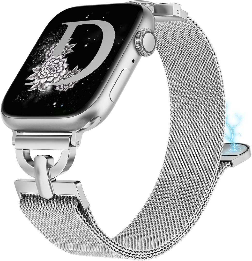 Stainless Steel Magnetic Loop Compatible with Apple Watch Band 38mm 40mm 41mm 42mm Women Metal Mesh D-shaped Clasp Strap for iWatch SE Series 10/9/8/7/6/5/4/3/2/1/Ultra(1/2) Silver