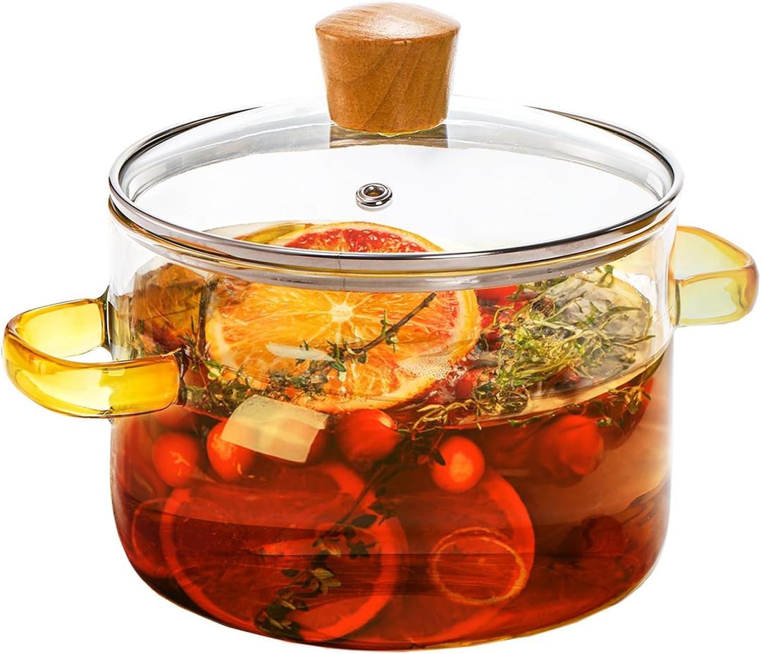 Frcctre 1.5L/50oz Glass Cooking Pot with Lid, Heat-Resistant Borosilicate Glass Simmer Pot Stovetop Saucepan with Cover for Pasta Noodle, Soup, Milk