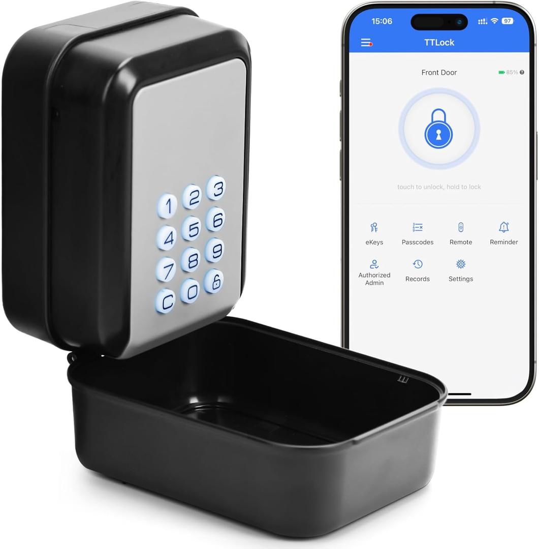Thlevel Smart Key Lock Box Electronic Bluetooth Lock Box with APP Control & PIN Code Types, Share eKey Wall Mounted Lock Box for Airbnb Realtor House Office(Black)
