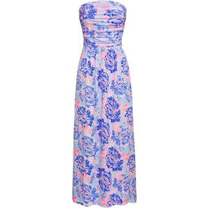 GRACE KARIN Women Strapless Dress Casual Loose Ruched Long Maxi Dress with Pockets, Small, Blue Floral
