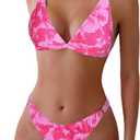 ZAFUL Women's 2 Piece Floral Print Swimsuit Triangle String High Cut Bikini Sets Bathing Suit(1-Rose red, S)